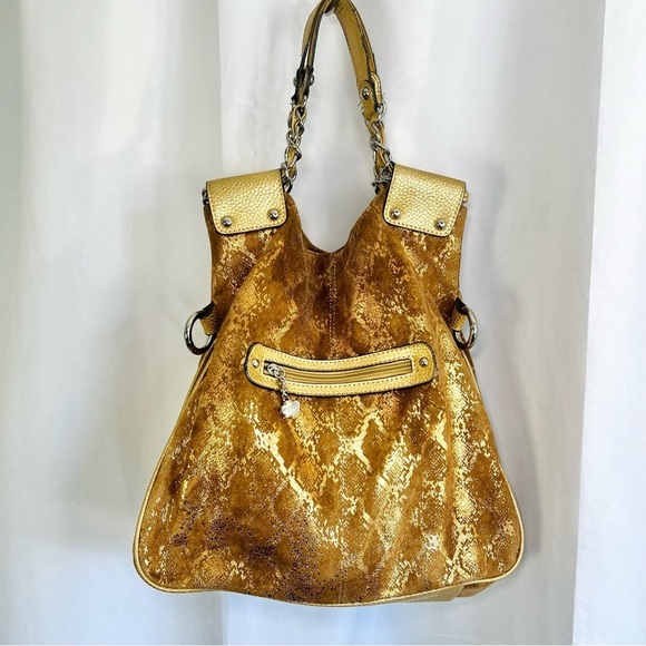 KATHY VAN ZEELAND GOLD CROSSBODY BAG FAUX DIAMOND SHOULDER Y2K  LEATHER BAG - Picture 6 of 14